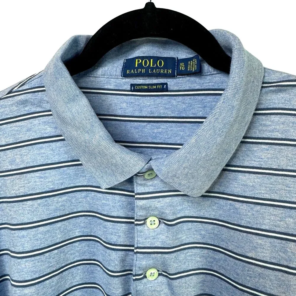 Polo Ralph Lauren Slim Fit Polo Shirt Mens XL Light Blue Stripe Short Sleeve